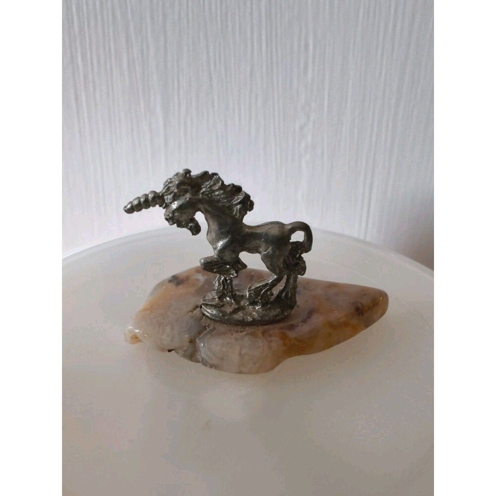 Pewter Unicorn Horse on Crazy Lace Agate Slice Figurine Equine Collectible Mini